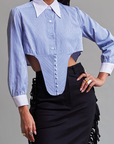 blusa de manga larga, blusa cropped, blusa con accesorio de corset, blusa azul, blusa con cuello formal, blusa para mujer, blusa para hombre, regalo para mujer, regalo para hombre, diseño mexicano, marca mexicana, hecho a mano, hecho en México