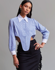 blusa de manga larga, blusa cropped, blusa con accesorio de corset, blusa azul, blusa con cuello formal, blusa para mujer, blusa para hombre, regalo para mujer, regalo para hombre, diseño mexicano, marca mexicana, hecho a mano, hecho en México
