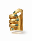 brazalete en forma de mano, brazalete de aleación de latón, brazalete cortado a mano, brazalete con piedras verdes, brazalete para mujer, brazalete con chapado de oro 24k, brazalete ajustable, brazalete para mujer, brazalete para hombre, diseño mexicano, hecho a mano, hecho en México