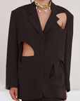 blazer con cut outs, blazer con hombreras, blazer para mujer, blazer para hombre, regalo para mujer, regalo para hombre, diseño mexicano, marca mexicana, hecho en México, hecho a mano