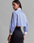 blusa de manga larga, blusa cropped, blusa con accesorio de corset, blusa azul, blusa con cuello formal, blusa para mujer, blusa para hombre, regalo para mujer, regalo para hombre, diseño mexicano, marca mexicana, hecho a mano, hecho en México