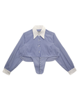 blusa de manga larga, blusa cropped, blusa con accesorio de corset, blusa azul, blusa con cuello formal, blusa para mujer, blusa para hombre, regalo para mujer, regalo para hombre, diseño mexicano, marca mexicana, hecho a mano, hecho en México