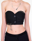 crop top con detalle de llave y resorte en espalda, crop top negro, crop top para mujer, top para mujer, top de diseño original, top en mezcla de algodón, top con botones, crop top con botones, diseño mexicano, hecho a mano, hecho en México