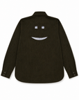Sobre camisa con cortes en forma de carita sonriente en espalda, sobre camisa para mujer, sobre camisa para hombre, sobre camisa corte boyfriend, sobre camisa oversized, sobre camisa con forro de algodón, sobre camisa café, diseño mexicano, hecho a mano, hecho en México