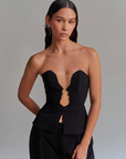top strapless, top sin mangas, top sin tirantes, top negro, top con mesh, top con siluetas de perfiles acercándose, diseño mexicano, marca mexicana, hecho en México, hecho a mano