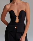 top strapless, top sin mangas, top sin tirantes, top negro, top con mesh, top con siluetas de perfiles acercándose, diseño mexicano, marca mexicana, hecho en México, hecho a mano